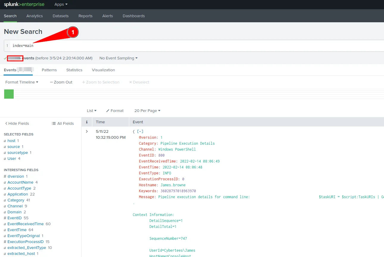 Splunk query results showing events in index main