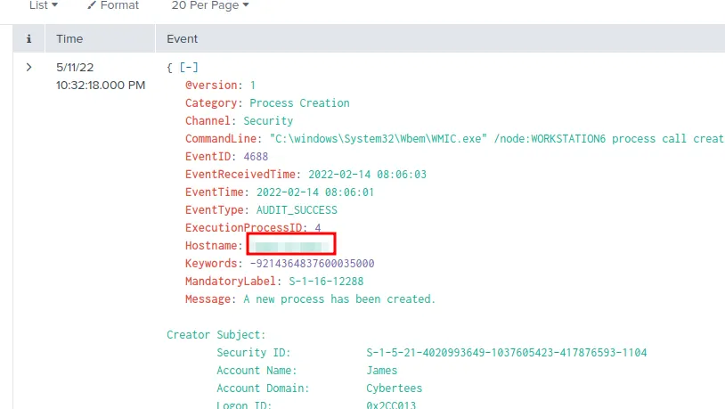 Splunk query results showing suspicious PowerShell commands executed by A1berto