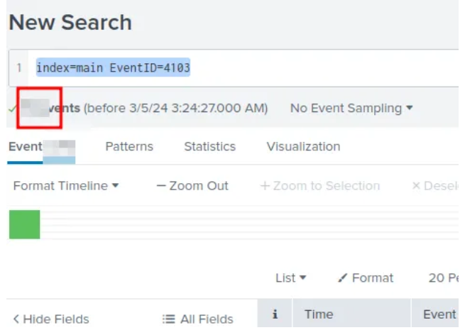 Splunk query results showing PowerShell logging events with EventID 4103