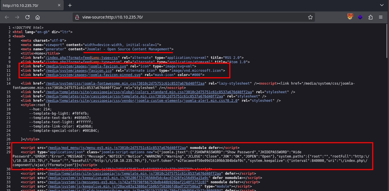 Source code showing Joomla! CMS